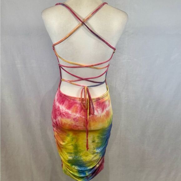Heart & Hips bright tie dye ruched strappy open back bodycon dress medium NWOT - Picture 6 of 9
